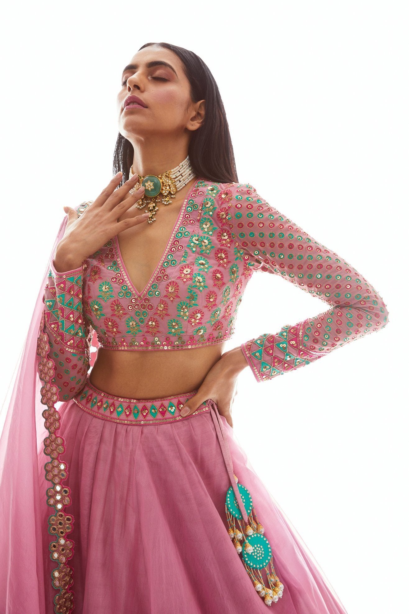 Dull Pink Applique Organza Lehenga Set