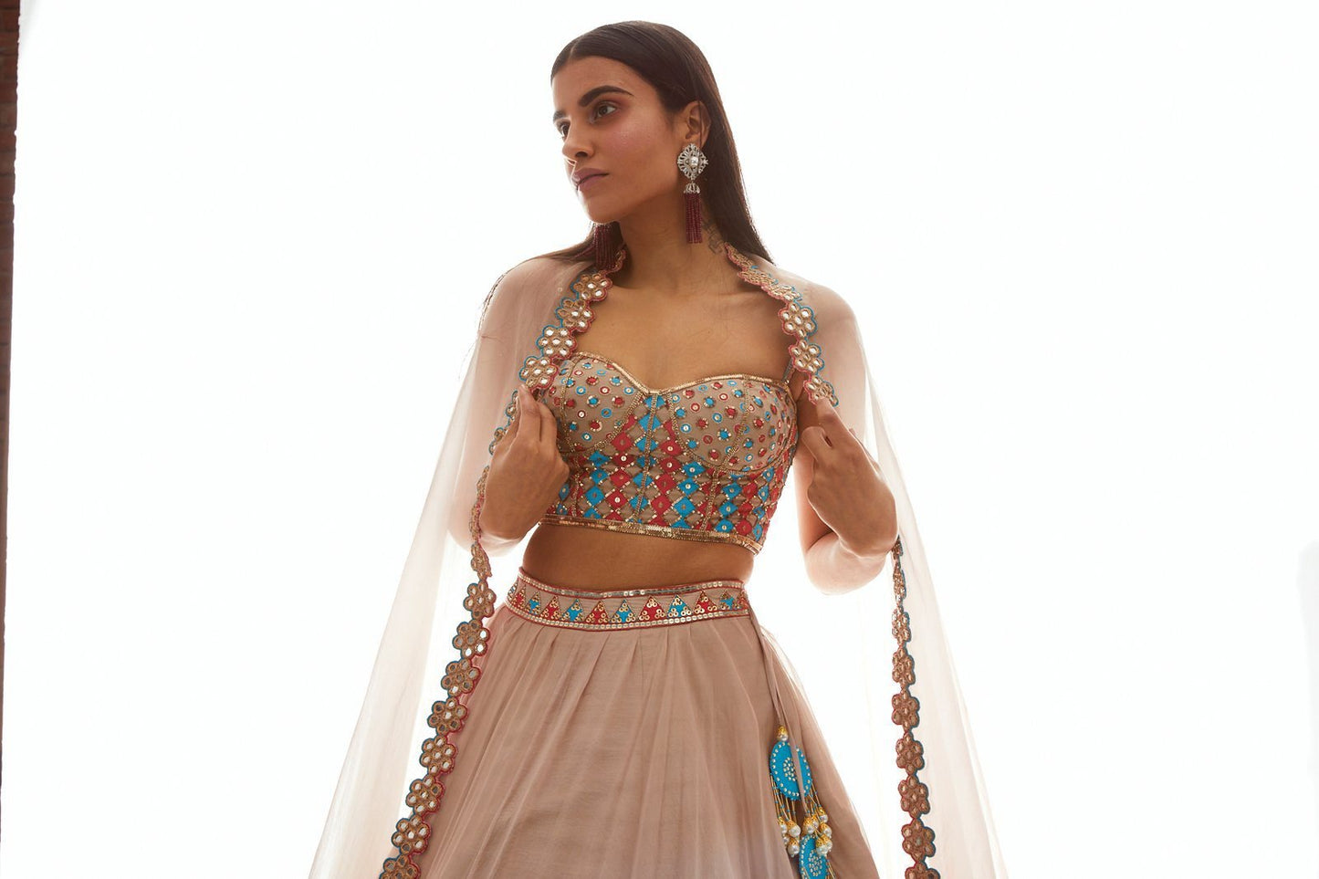 Beige Applique Corset Lehenga Set