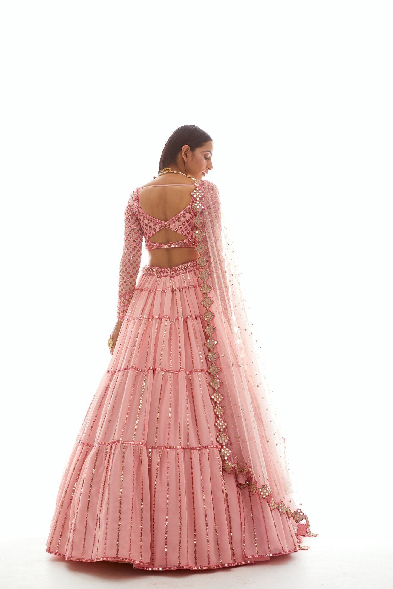 Peach Applique Tier Lehenga Set