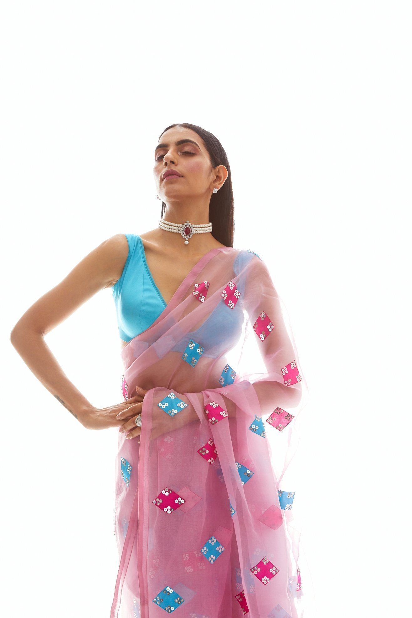 Onion Pink Applique Saree Set
