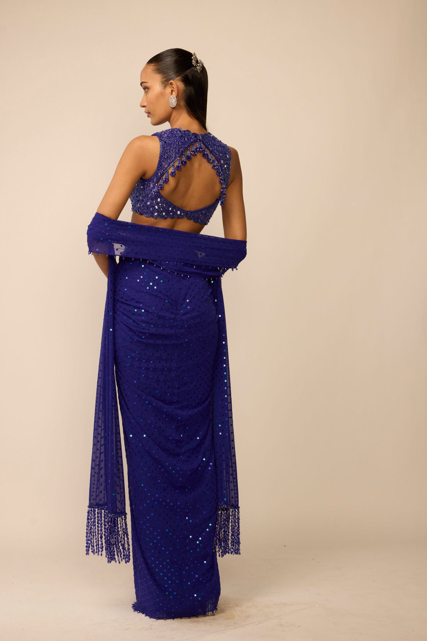 Cocktail Blue Sequins Embroidered Draped Skirt Set