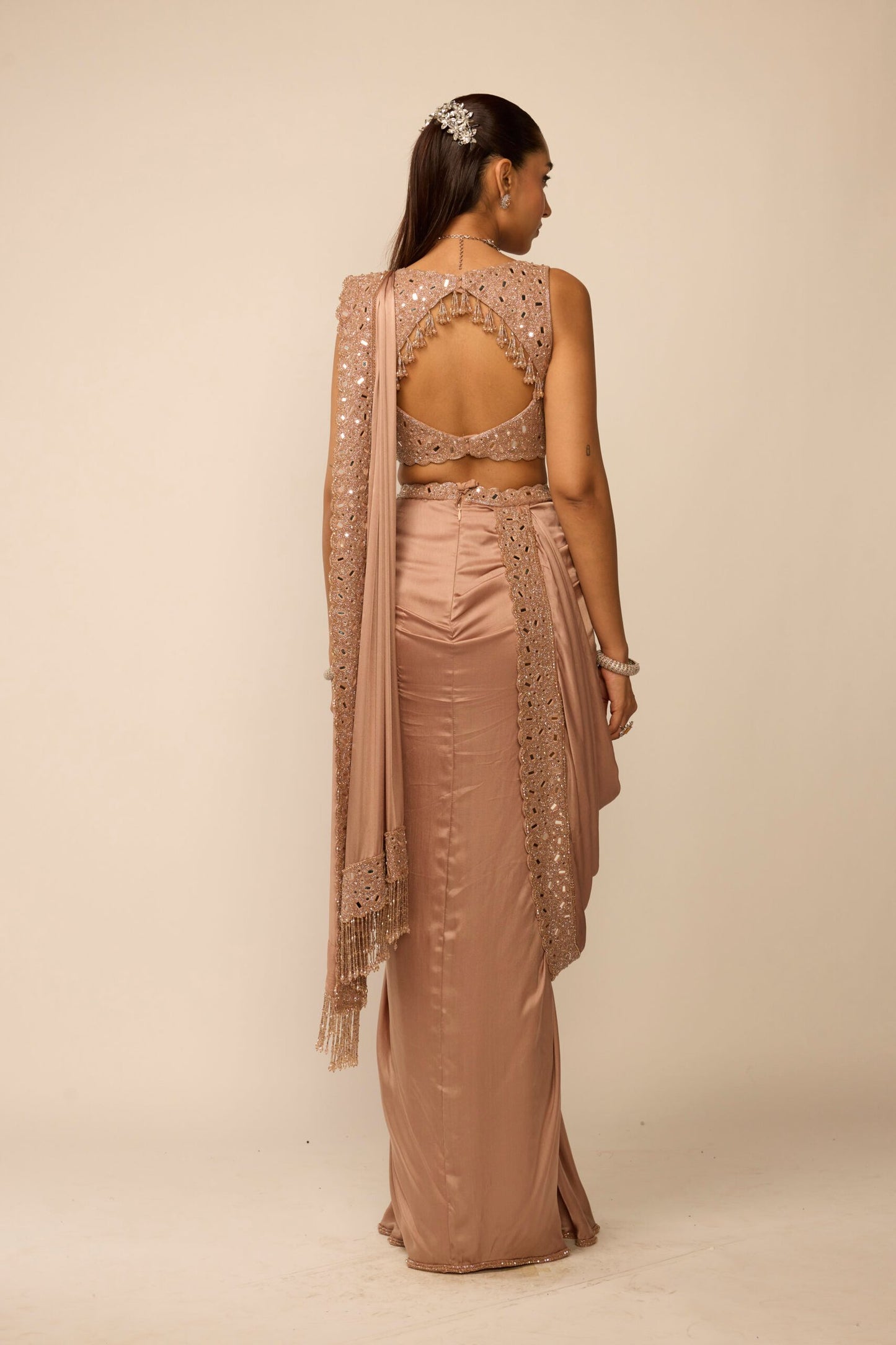 Bronze Rosé Satin Draped Saree Set