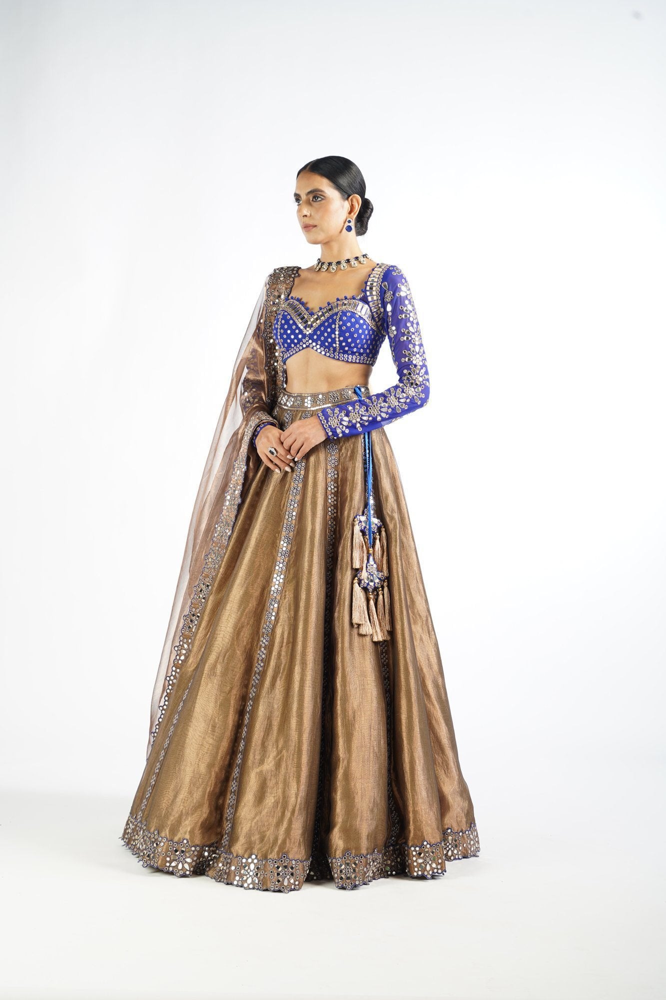 Royal Blue And Copper Shimmer Organza Lehenga Set
