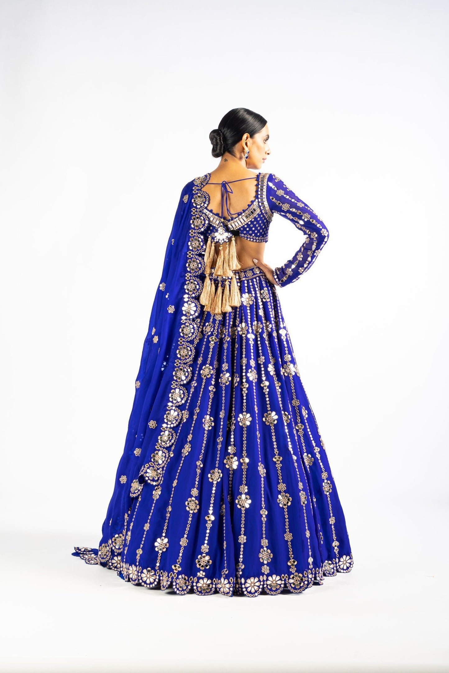 Royal Blue Big Flower Linear Lehenga Set