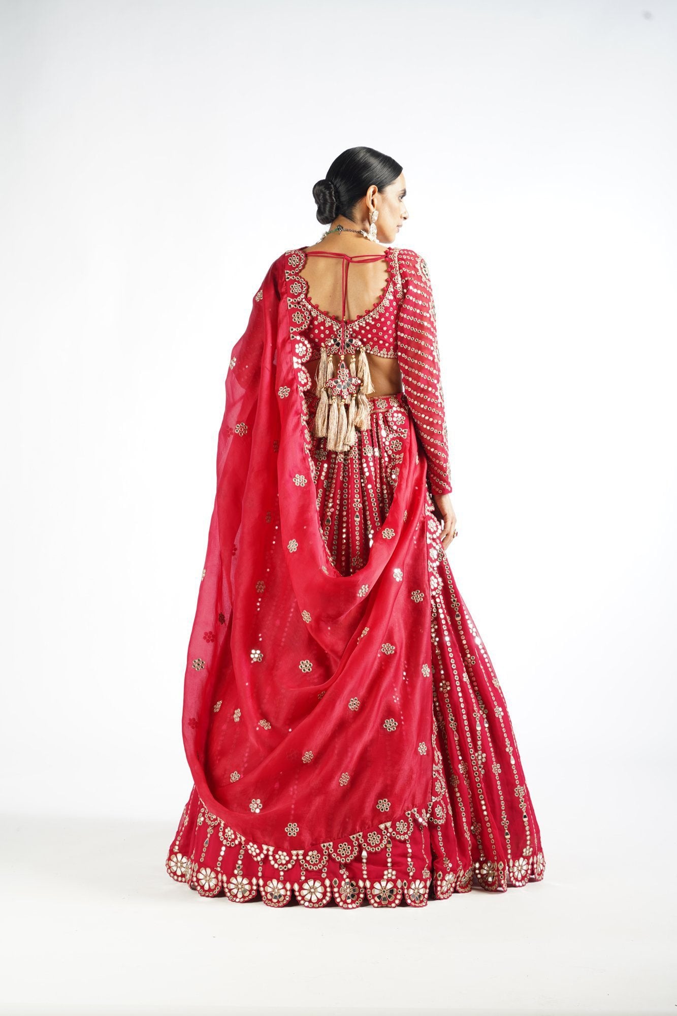 Crimson Red Small Flower Linear Lehenga Set