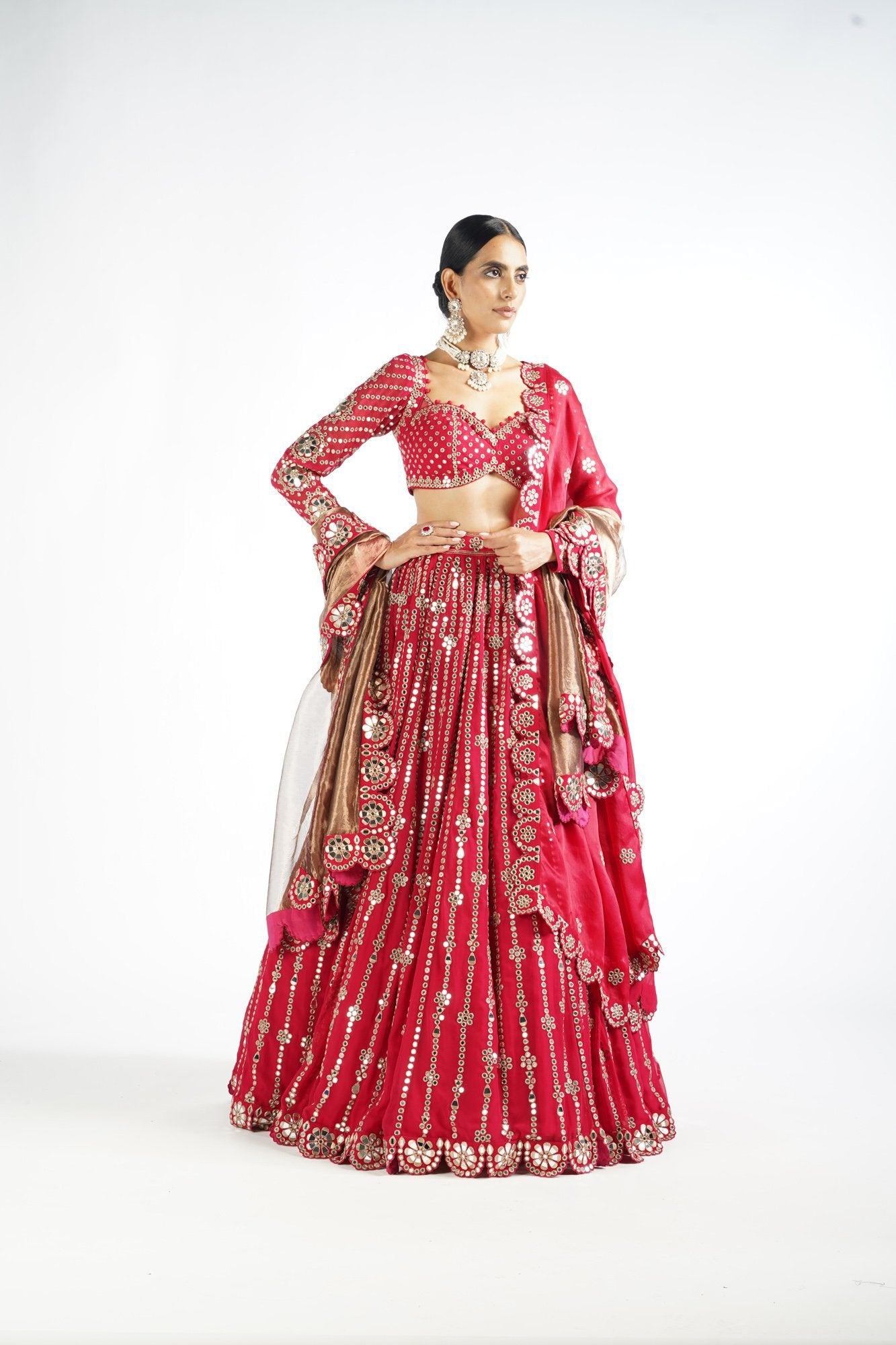 Crimson Red Small Flower Linear Lehenga Set