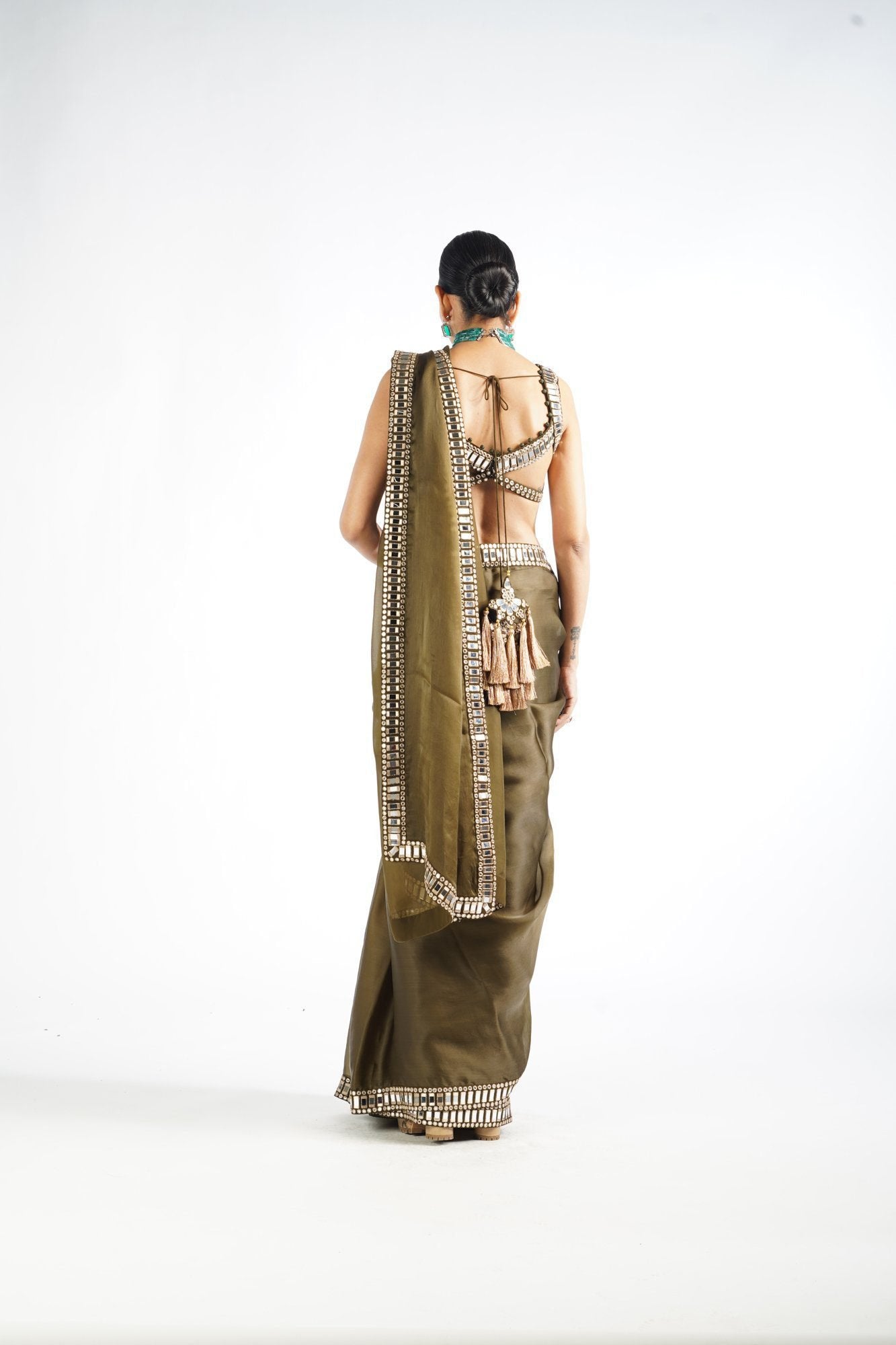Olive Green Mirror Work Saree Set