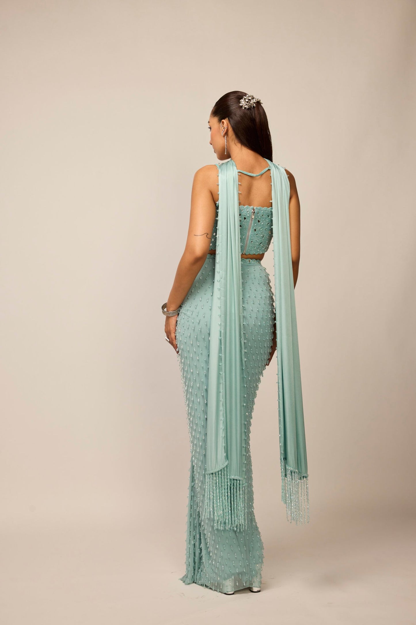 Powder Blue Single Drop Draped Skirt Set