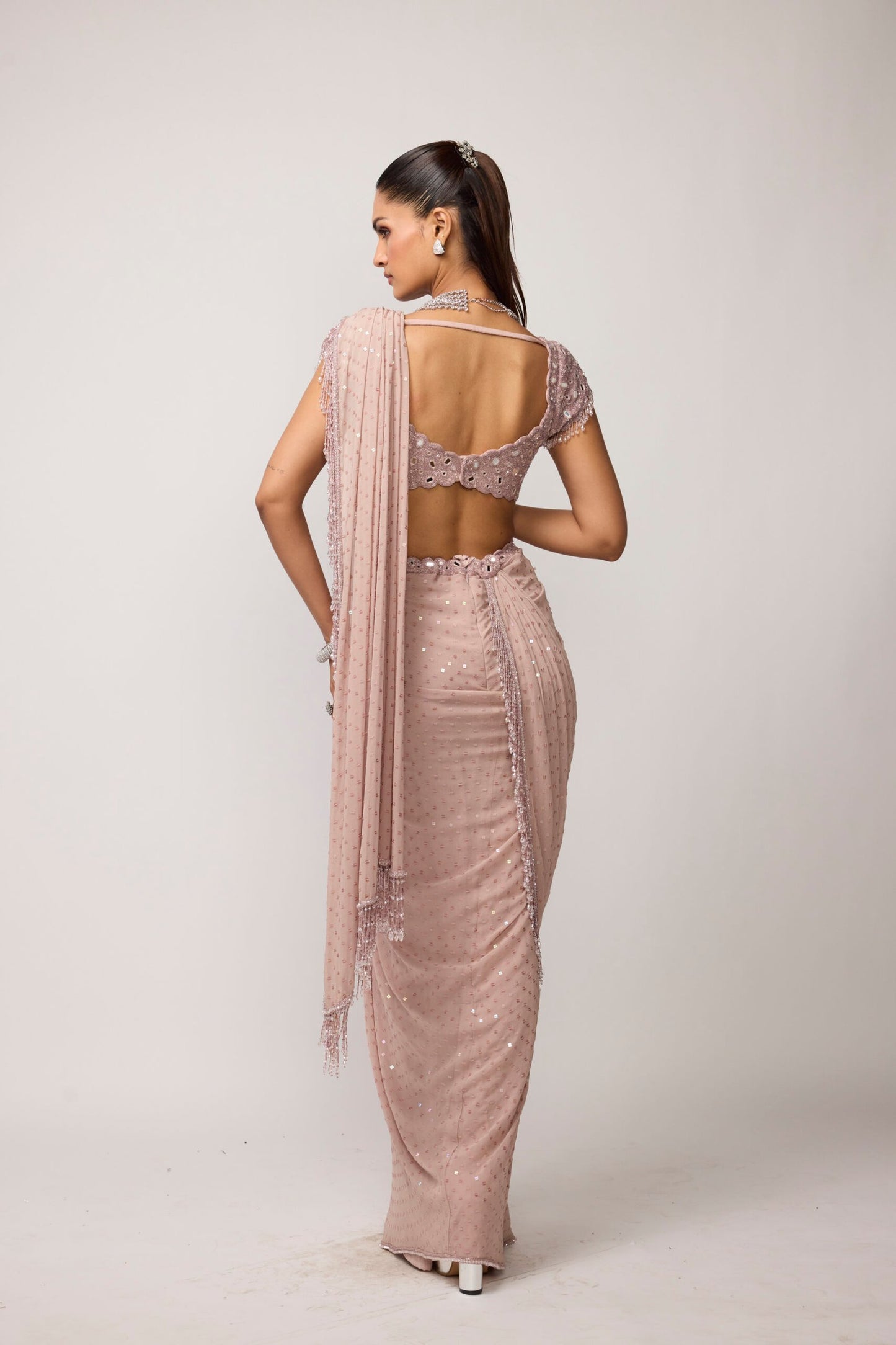 Ash Pink Sequins Embroidered Draped Saree Set