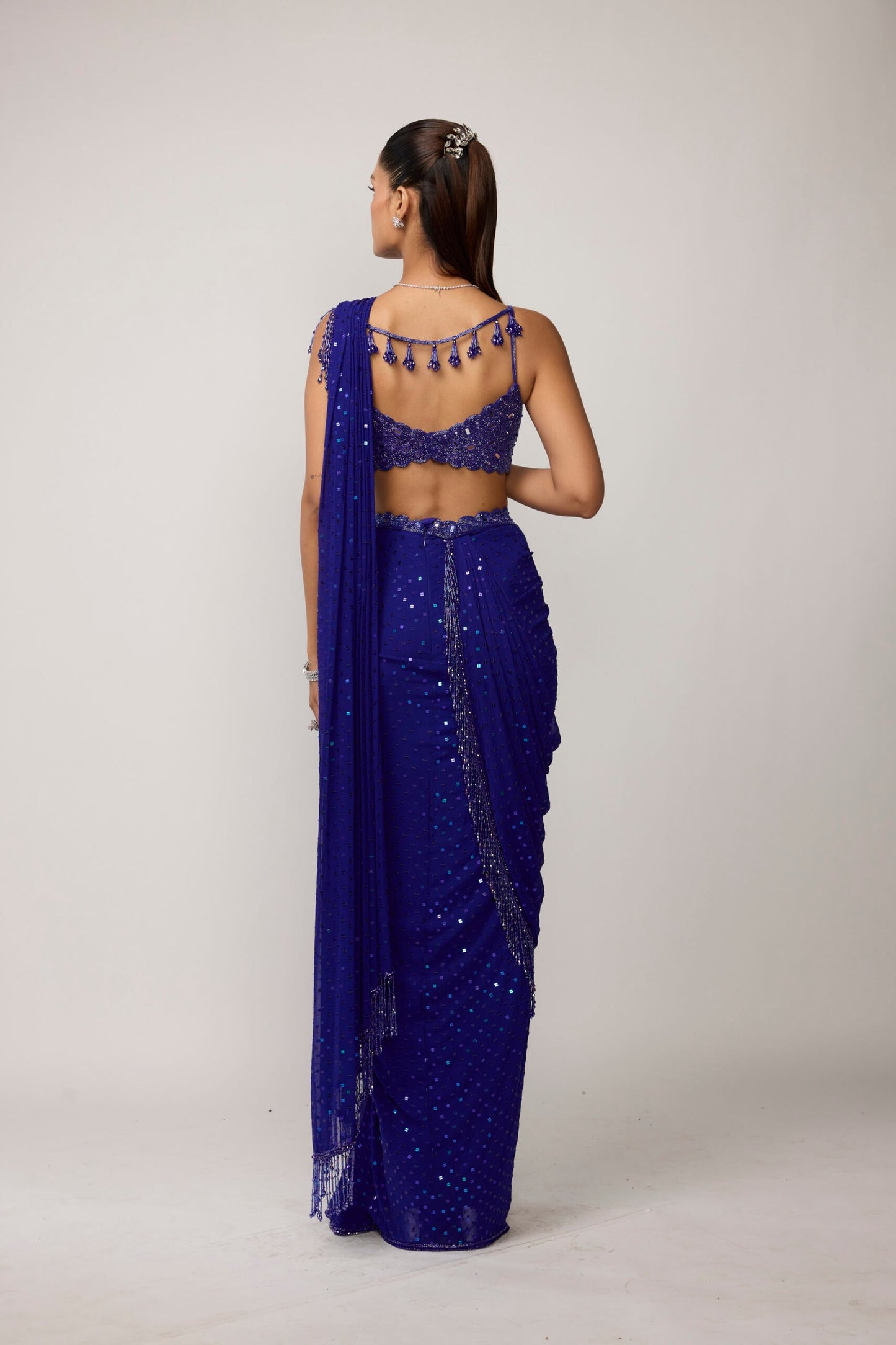 Cocktail Blue Sequins Embroidered Saree Set