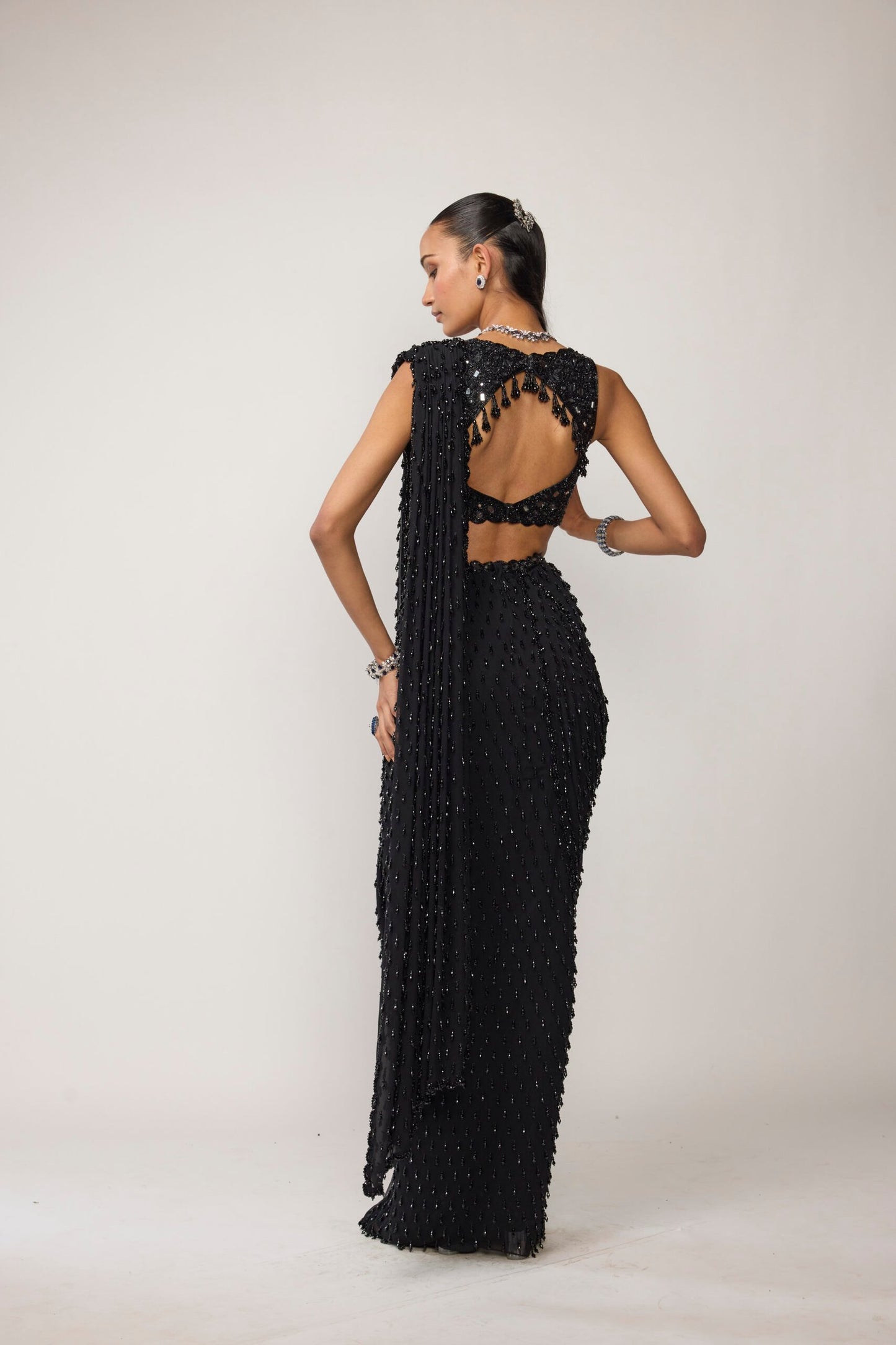 Black Single Drop V Neck Saree Set