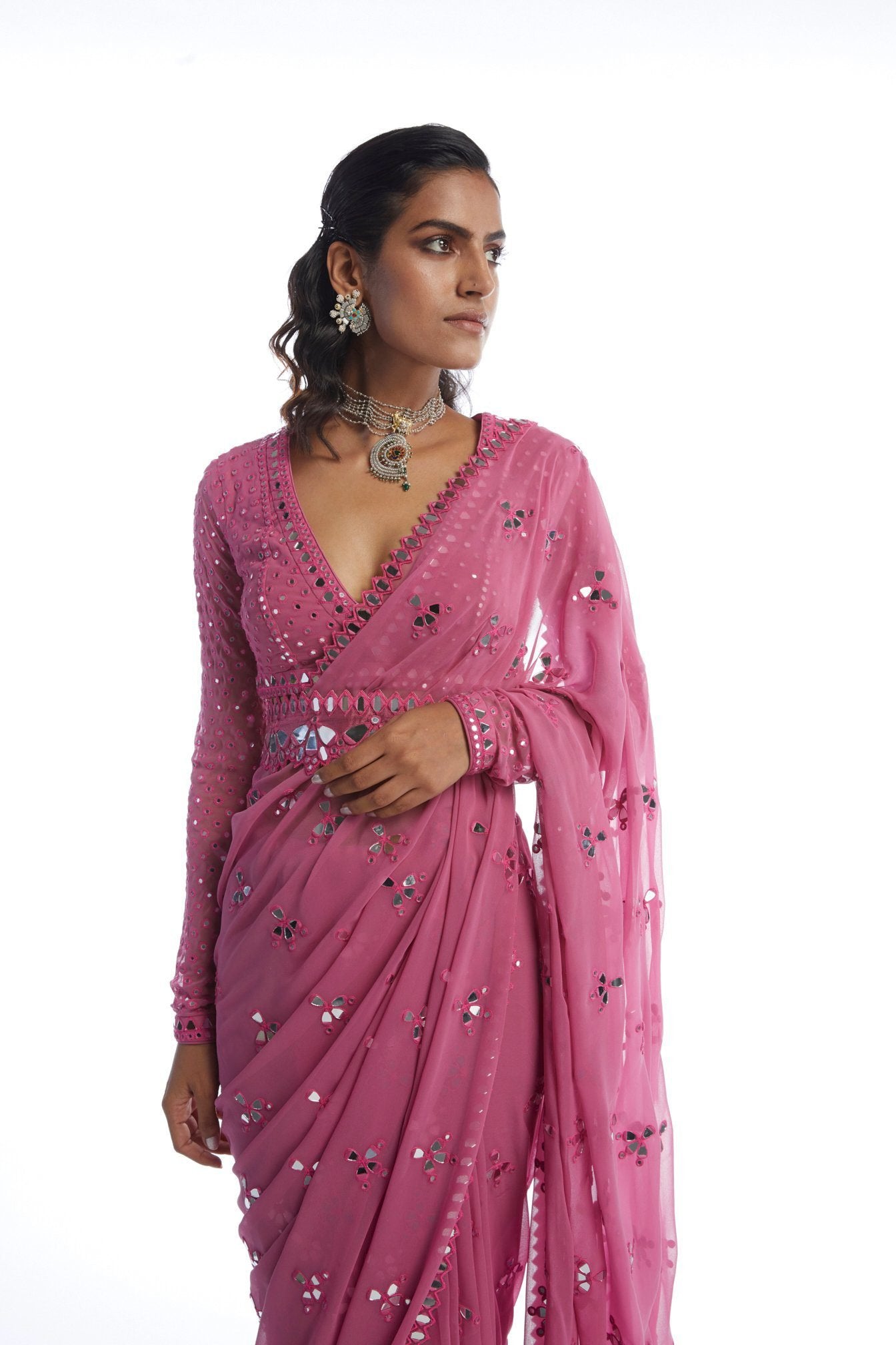 Dark Blush Mirror Cut-work Saree