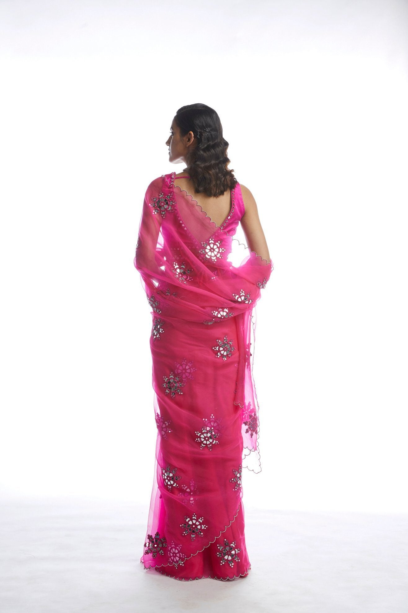 Peacock Pink Mirror Cut-work Saree