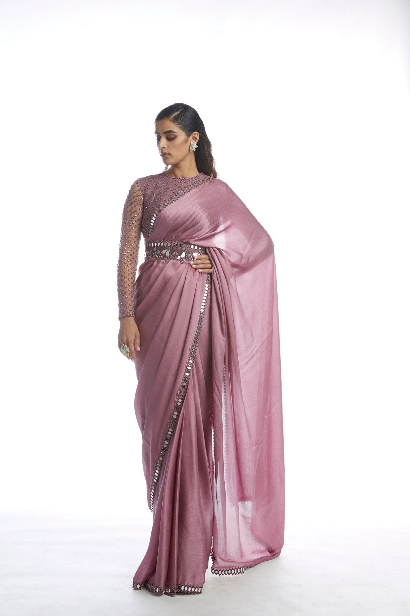 Old Rose Satin Chiffon Saree with Belt