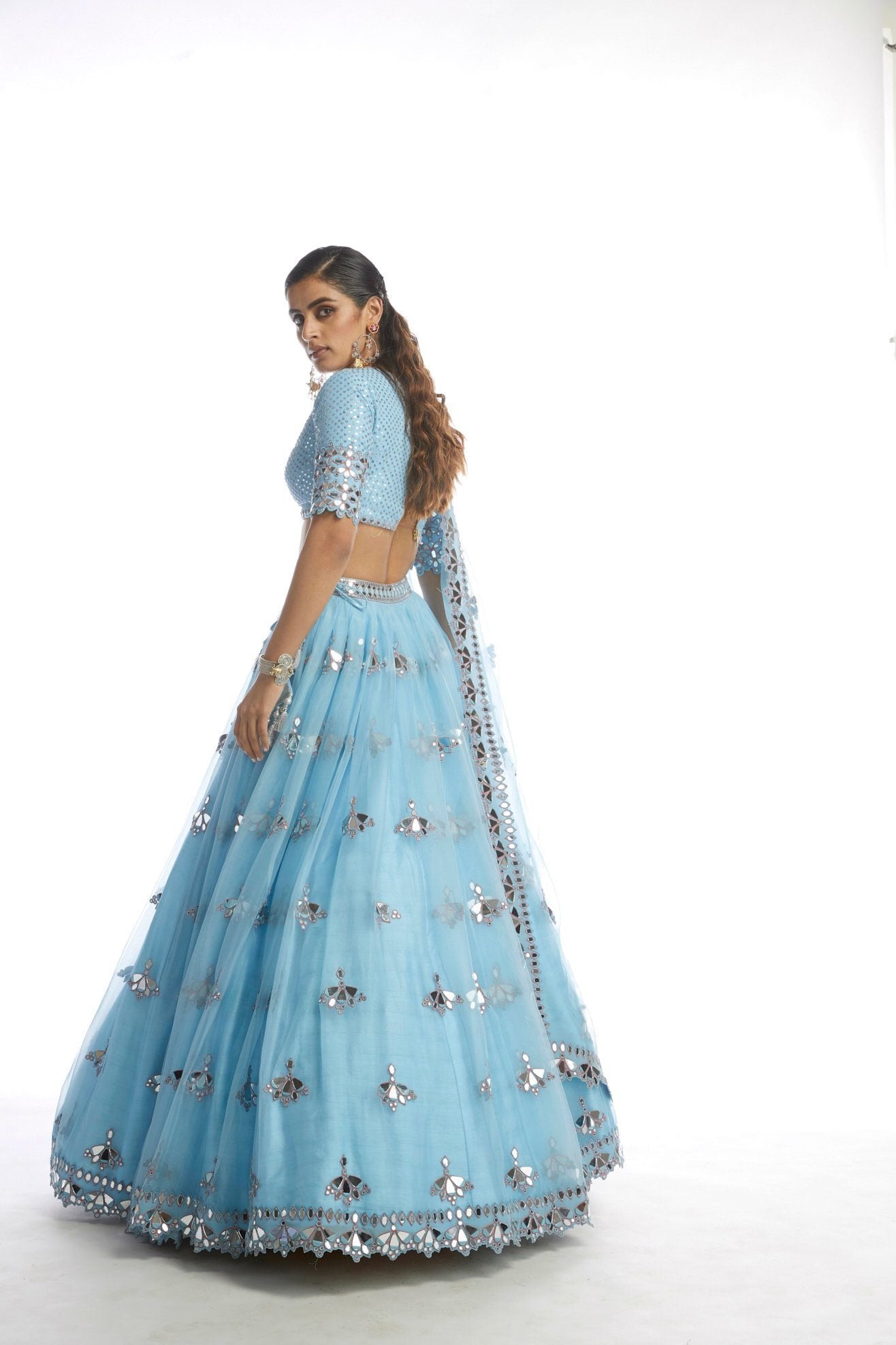 Ice Blue Knife Pleated Mirror Lehanga