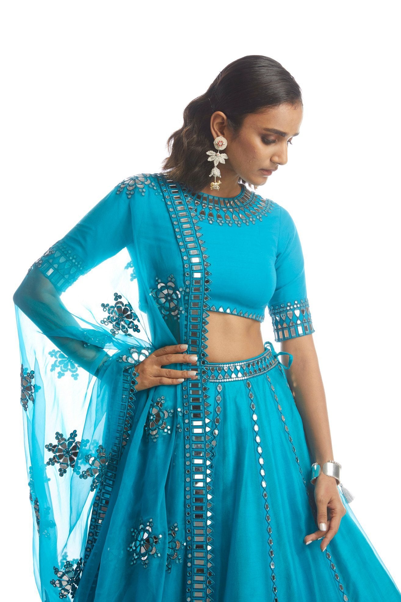Turquoise Blue Mirror Cut Work Lehanga Set