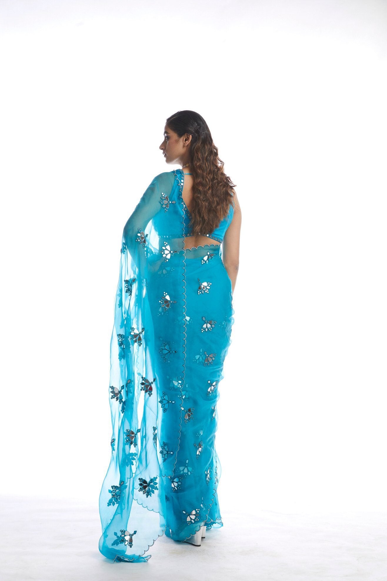 Turquoise Blue Mirror Cut Work Saree