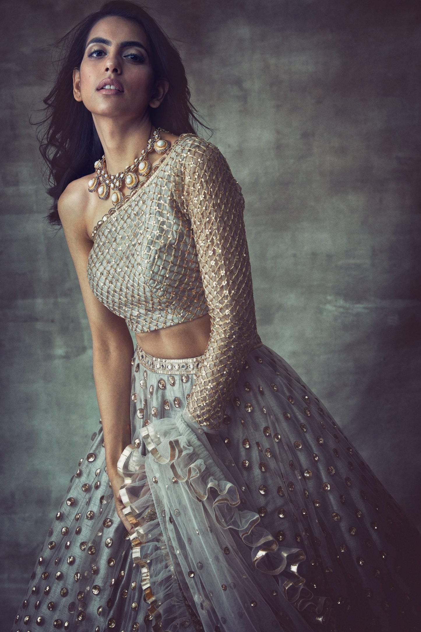 Light Grey One Sleeve Lehenga set