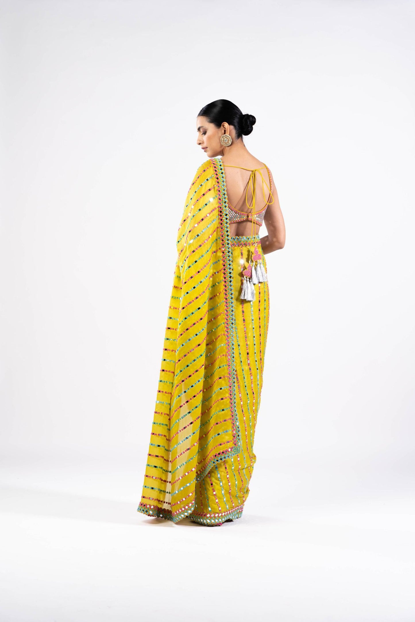 Moss Green Mirror Saree With Metallic Blouse