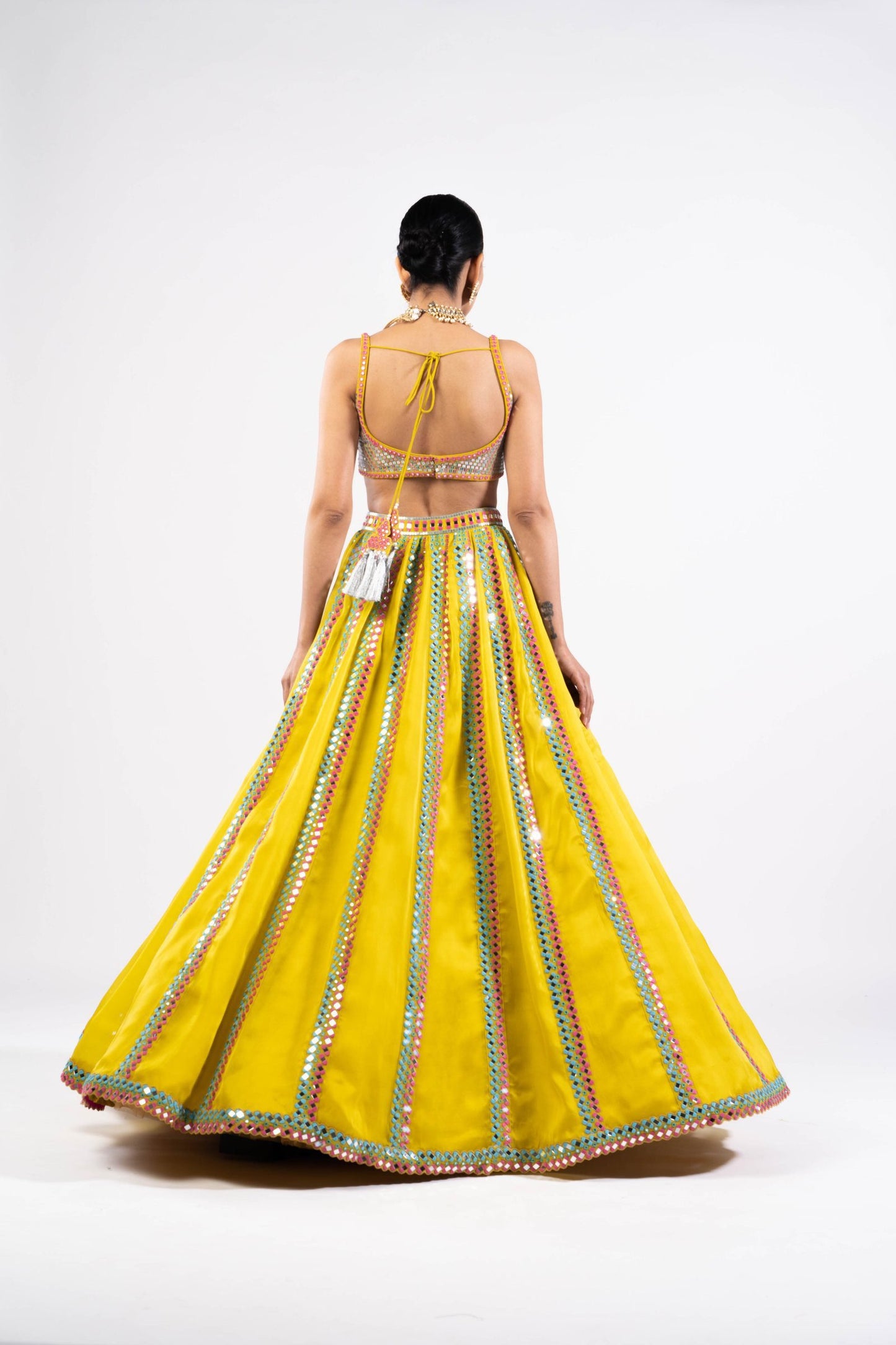 Moss Green Mirror Seam Lehenga Set With Metallic Blouse