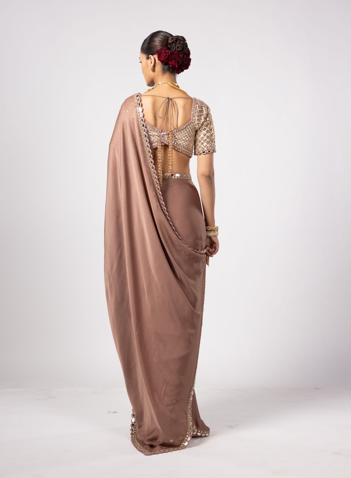 Deep Beige Satin Saree Set