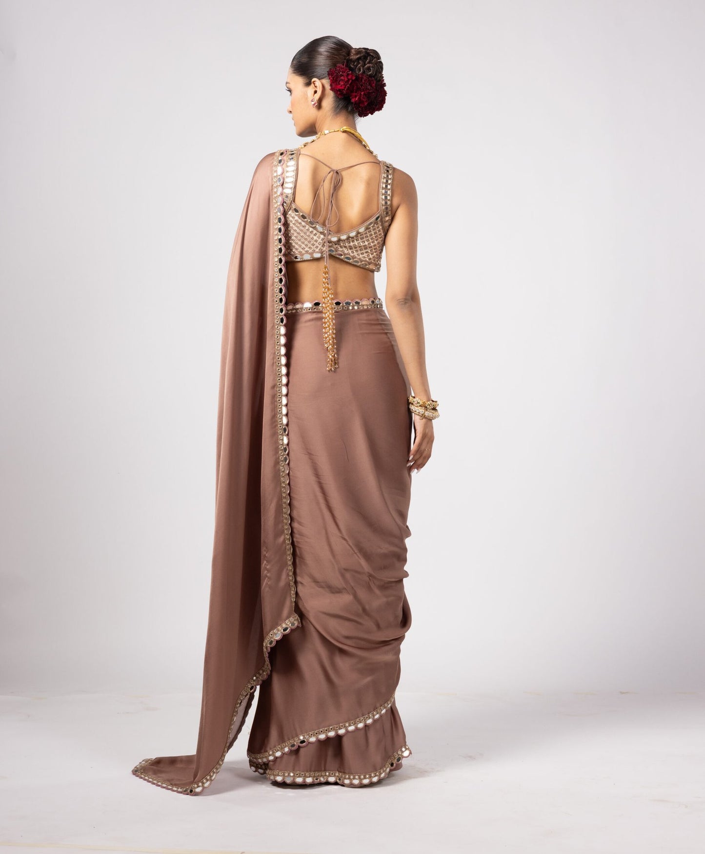 DEEP BEIGE SATIN SAREE PAIRED WITH SQUARE NECK BLOUSE