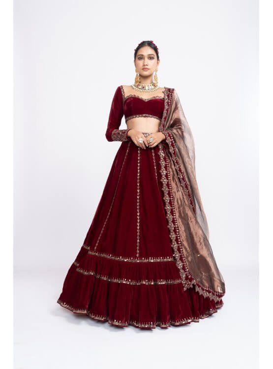 Mahroon Double Tier Lehenga Set