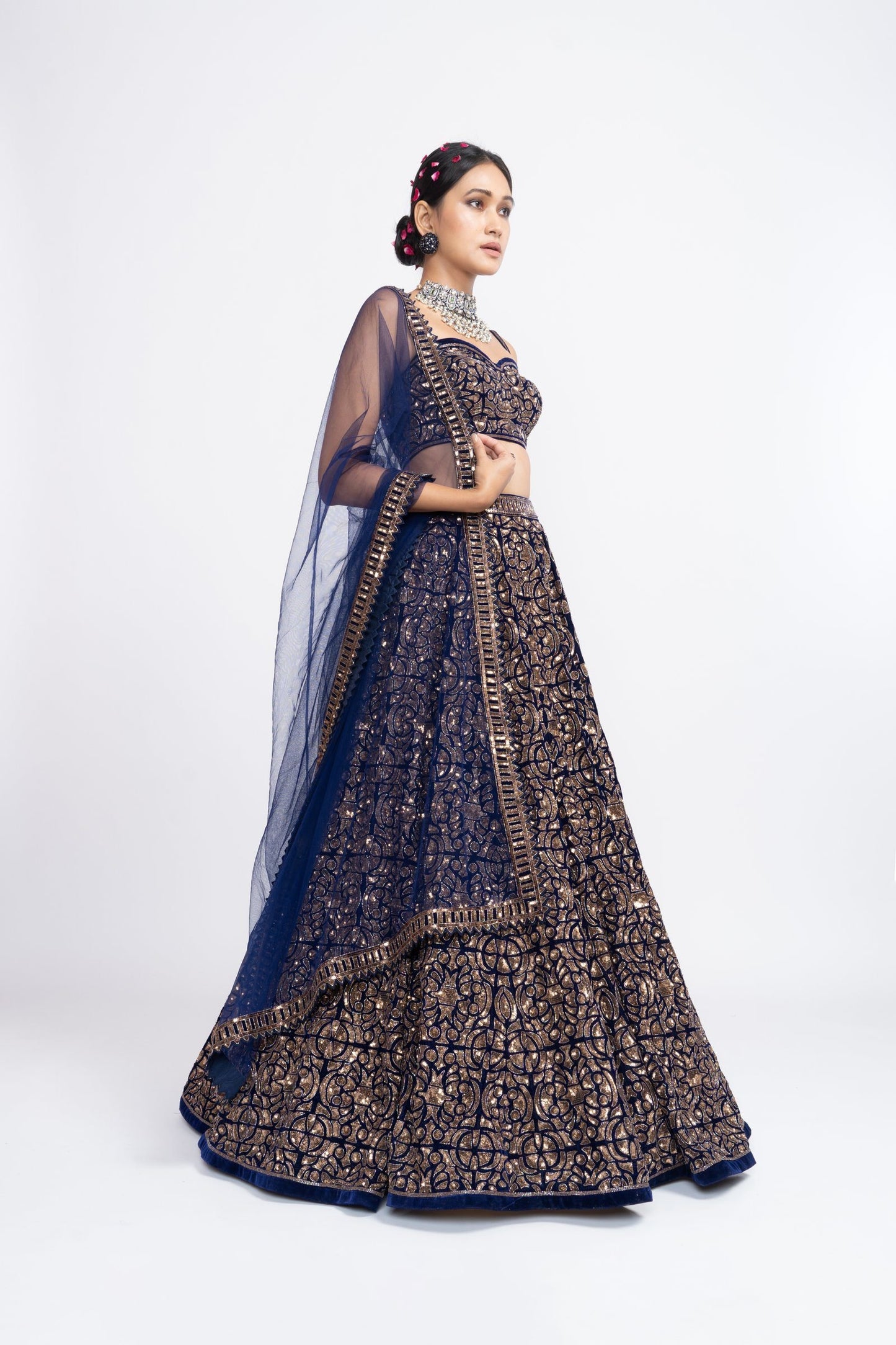 Navy Blue Fully Embroidered Corset Lehenga Set