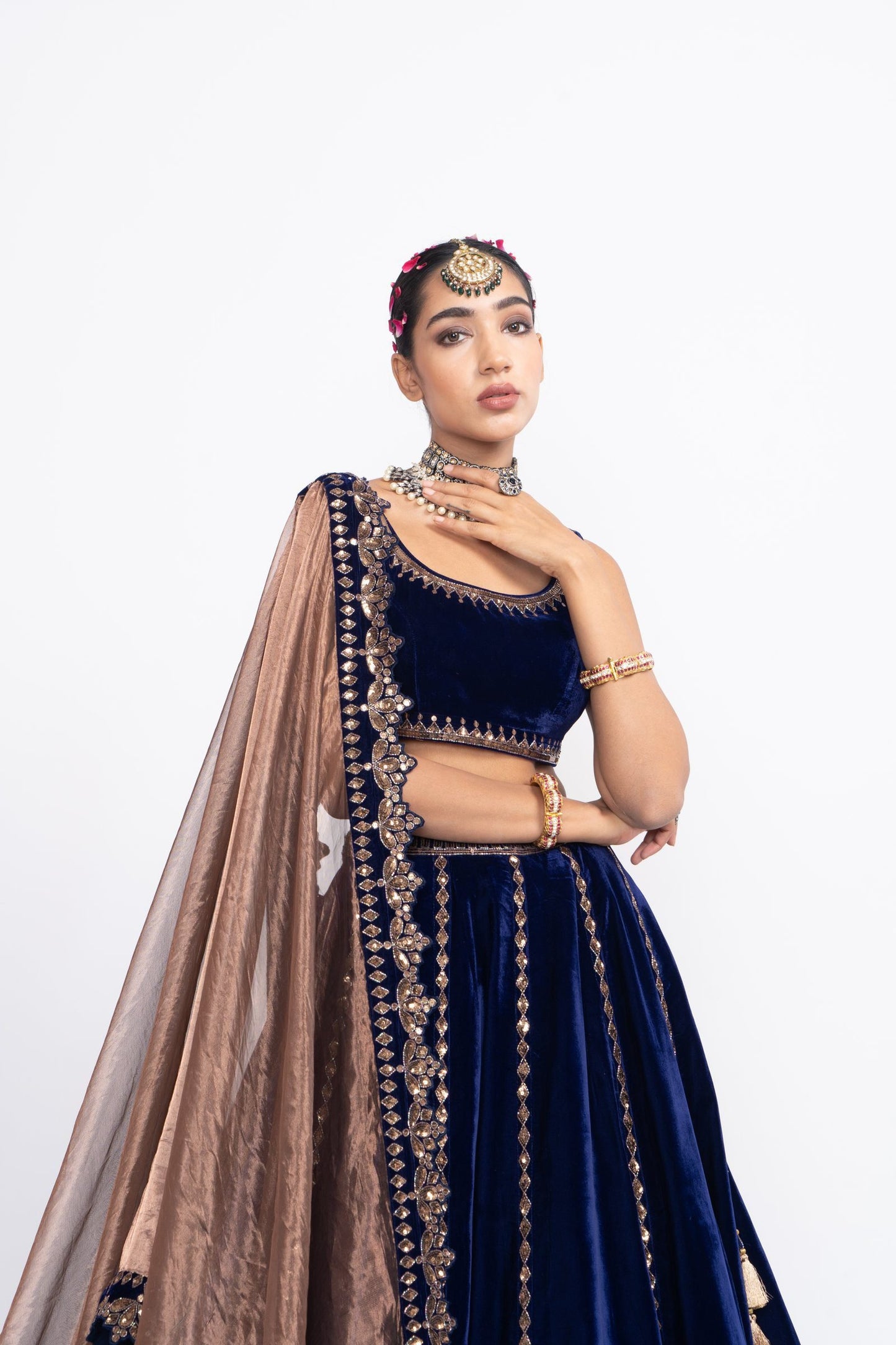 Navy Blue Double Tier Lehenga Set