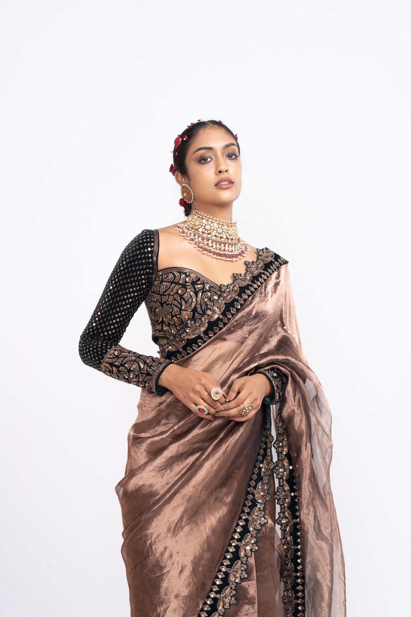 Deep Green Tissue Saree Set