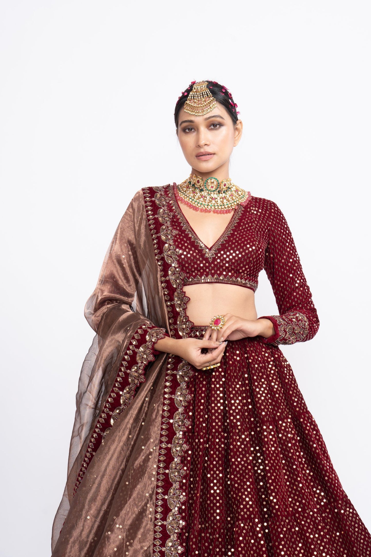 Mahroon Dense Dot Lehenga Set