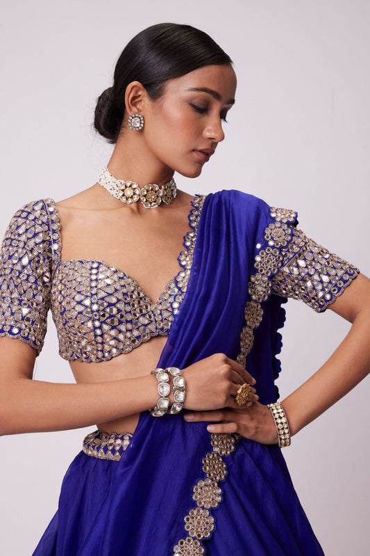 Persian Blue Organza Hand Embroidered Lehenga Set