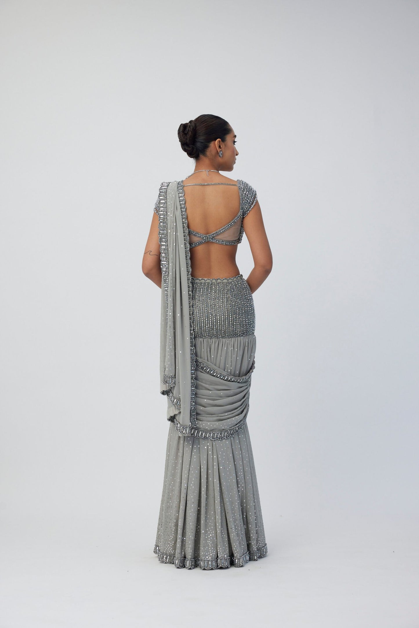 Crystal Grey Pre Draped Saree Set