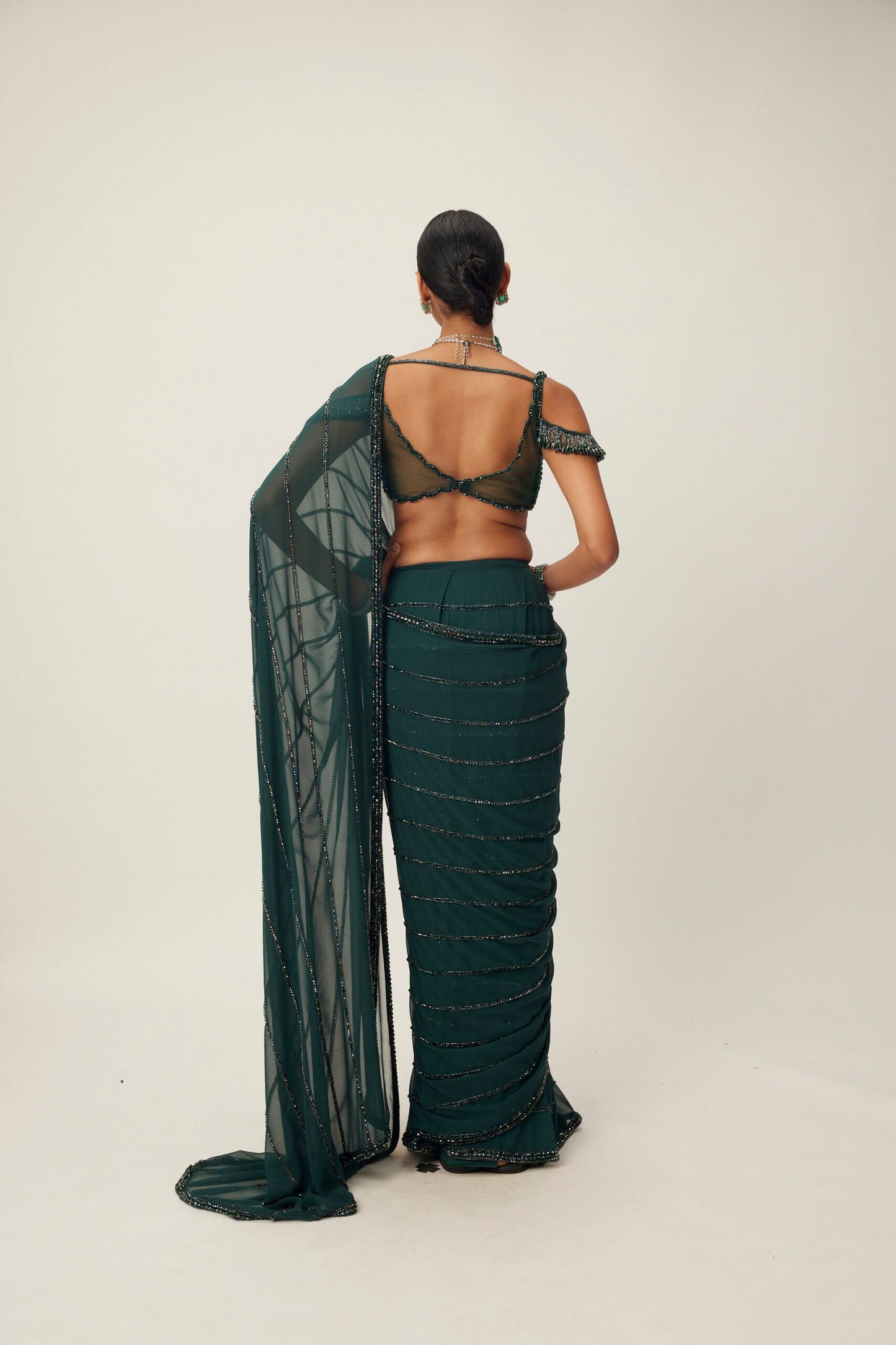 Dark Jade Green Crystal Linear Pre-Draped Embroidered Saree