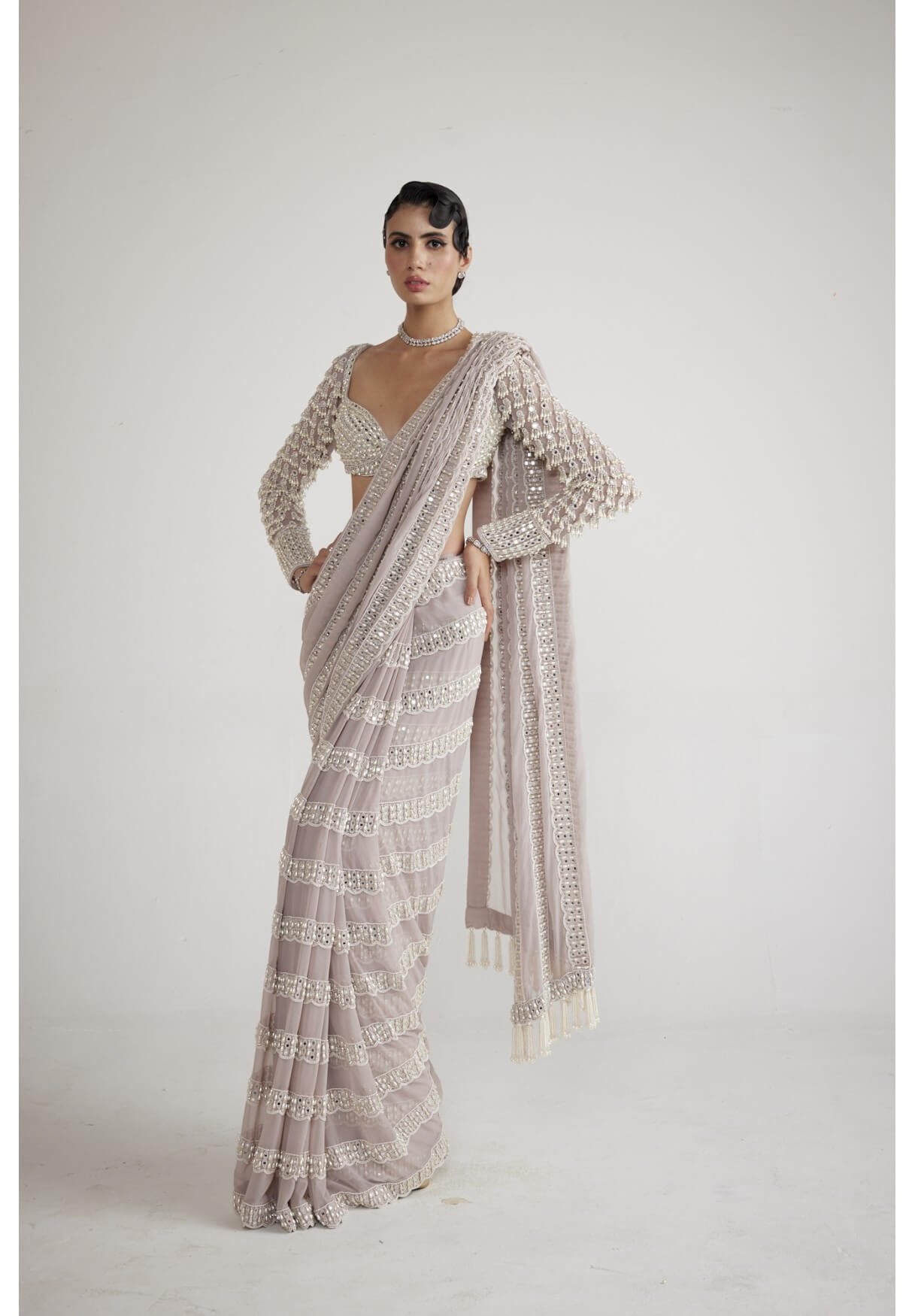 Ash Pink Chandelier Pearl Drop Saree Set