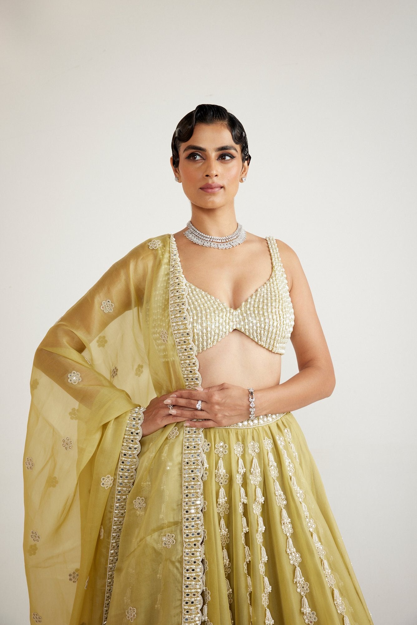 Fern Green Chandelier Pearl Drop Lehenga set