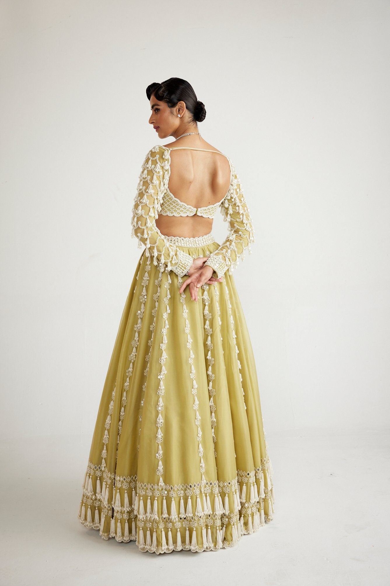 Fern Green Chandelier Pearl Drop Full Sleeve Lehenga set