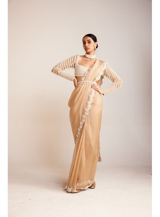 Beige Chandelier Drop Pre-Draped Saree Set