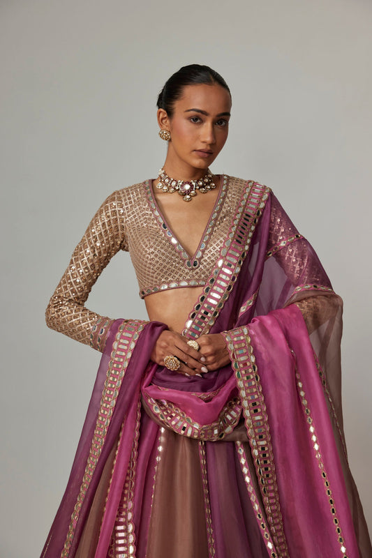 MUD MAUVE MULTICOLOR LEHENGA WITH V NECK BLOUSE
