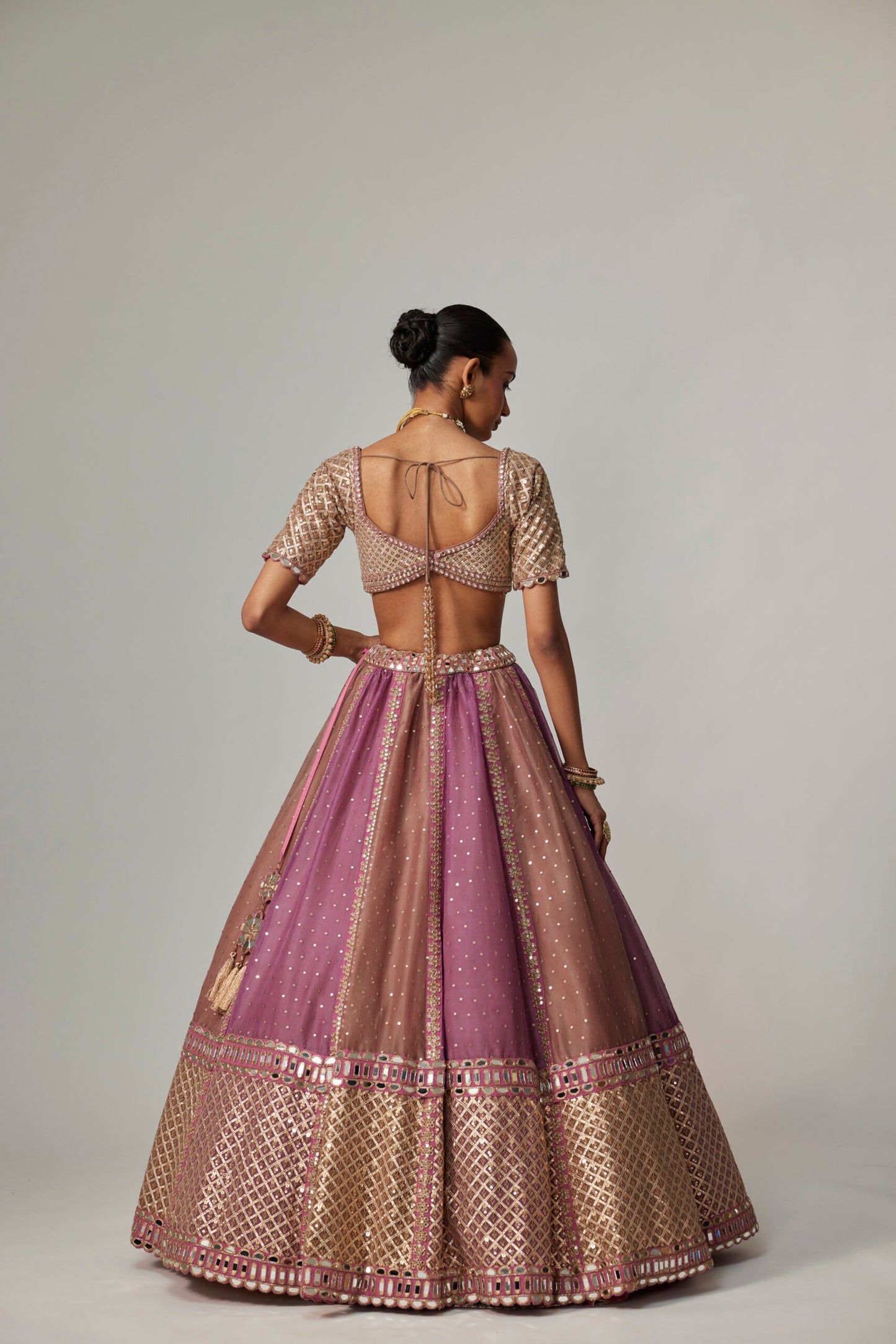 MUD MAUVE MULTICOLOR SEQUIN SCATTERED LEHENGA WITH ELBOW SLEEVE BLOUSE