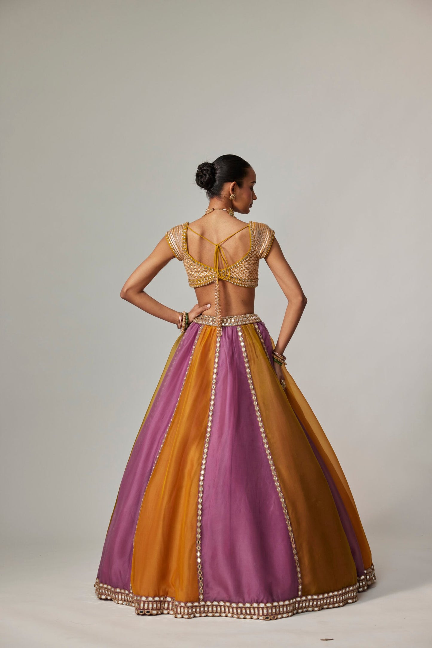 Mustard Multicolour Linear Lehenga With Cap Sleeve Blouse and Dupatta