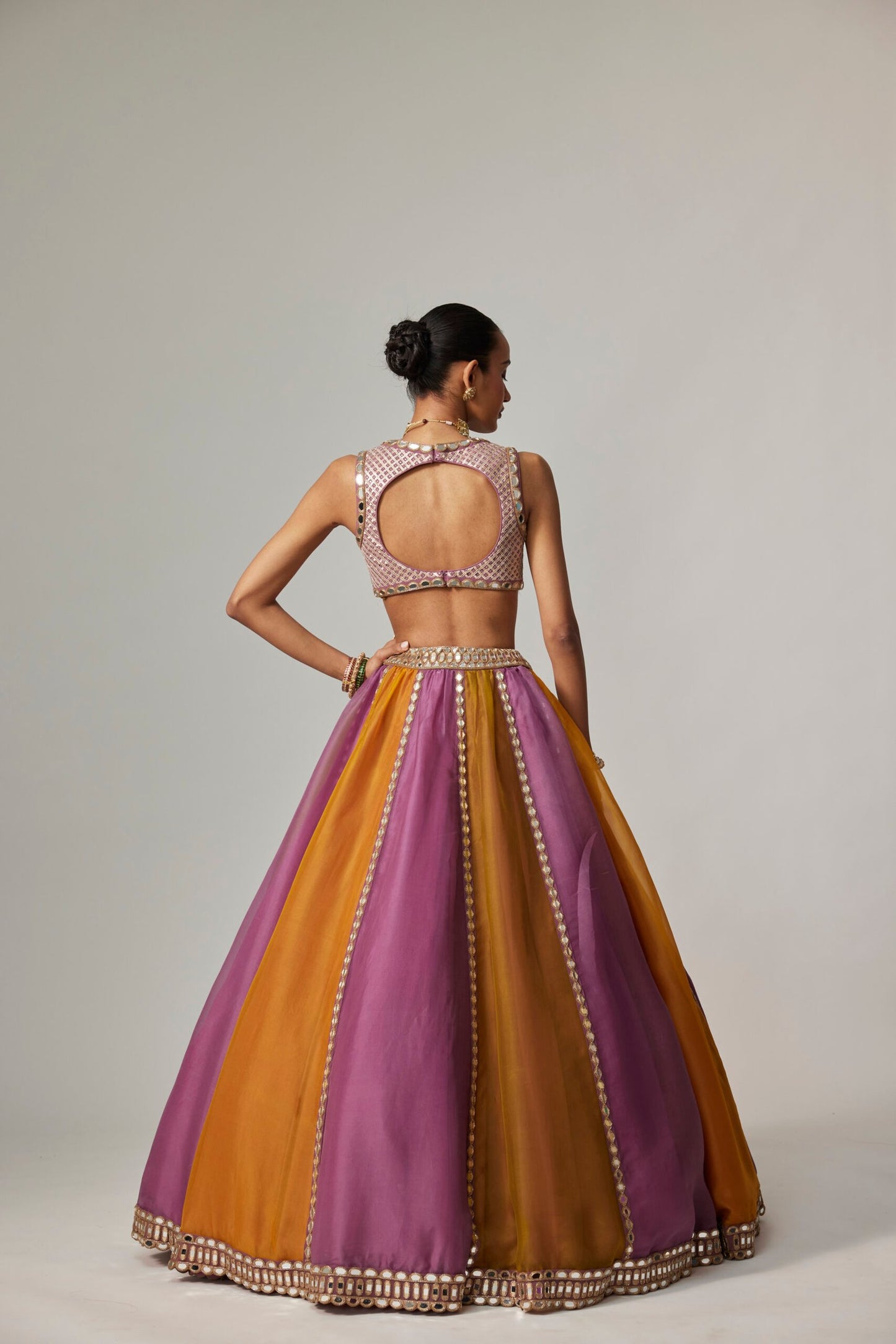 Mustard Multicolour Linear Lehenga and Dupatta With V-neck Blouse