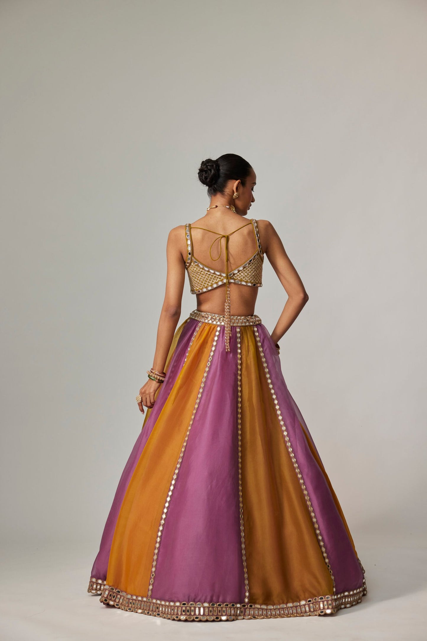 Mustard Multicolour Linear Lehenga With Sweetheart Blouse