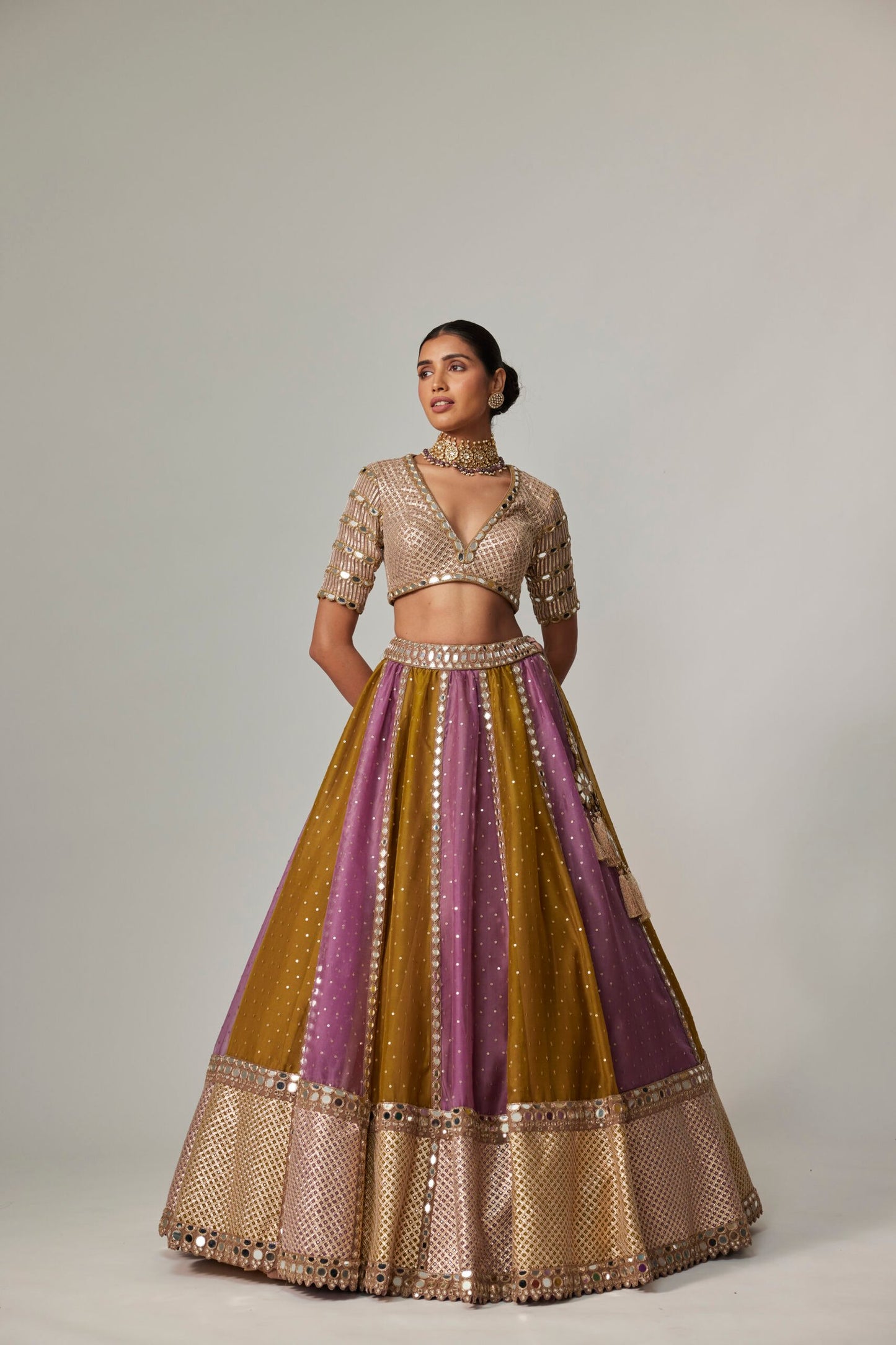 Green Multicolour Sequin Scattered Lehenga With V-Neck Elbow Sleeve Blouse