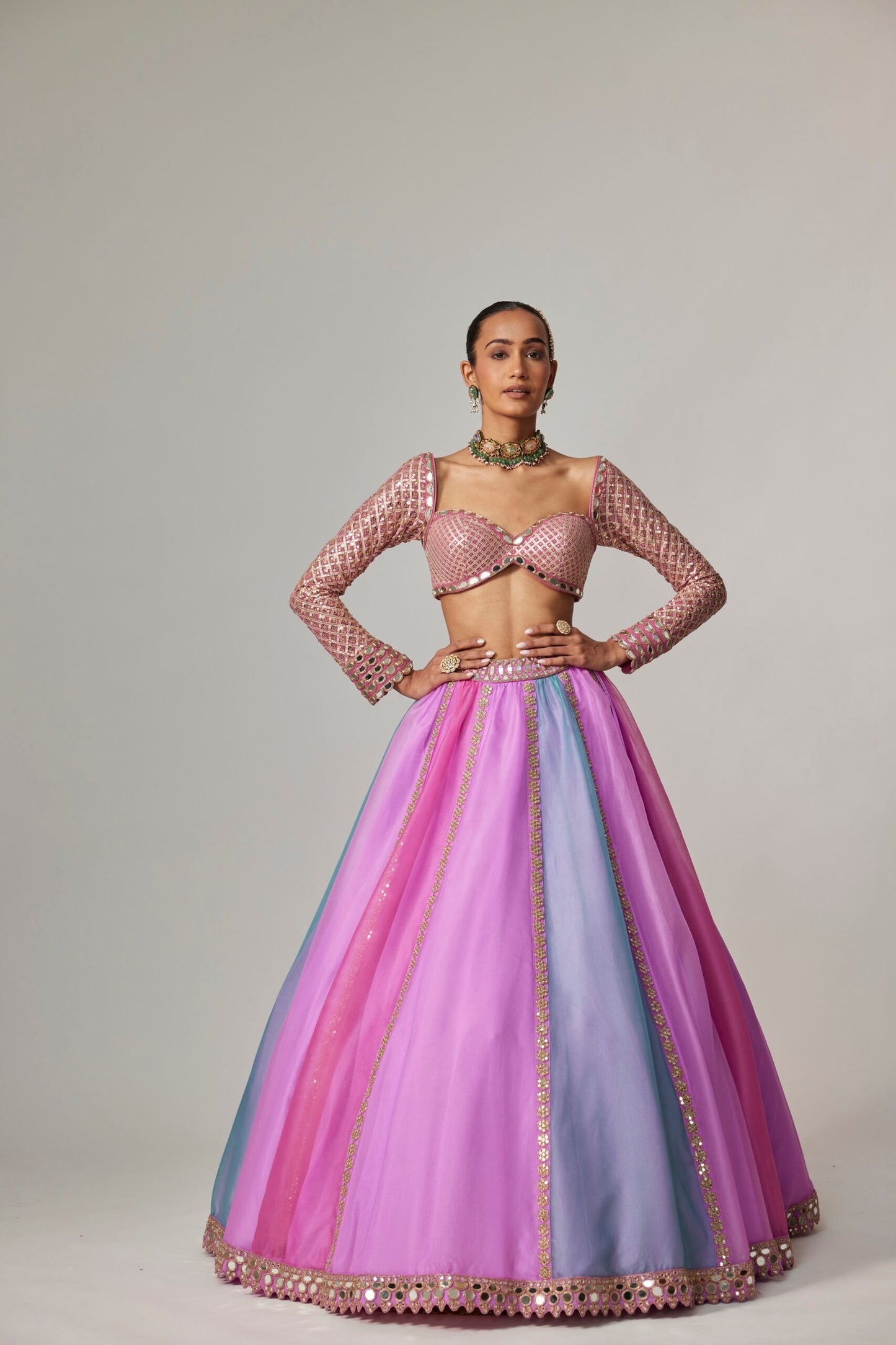 MAUVE MULTICOLOR LINEAR LEHENGA WITH SWEETHEART FULL SLEEVE BLOUSE