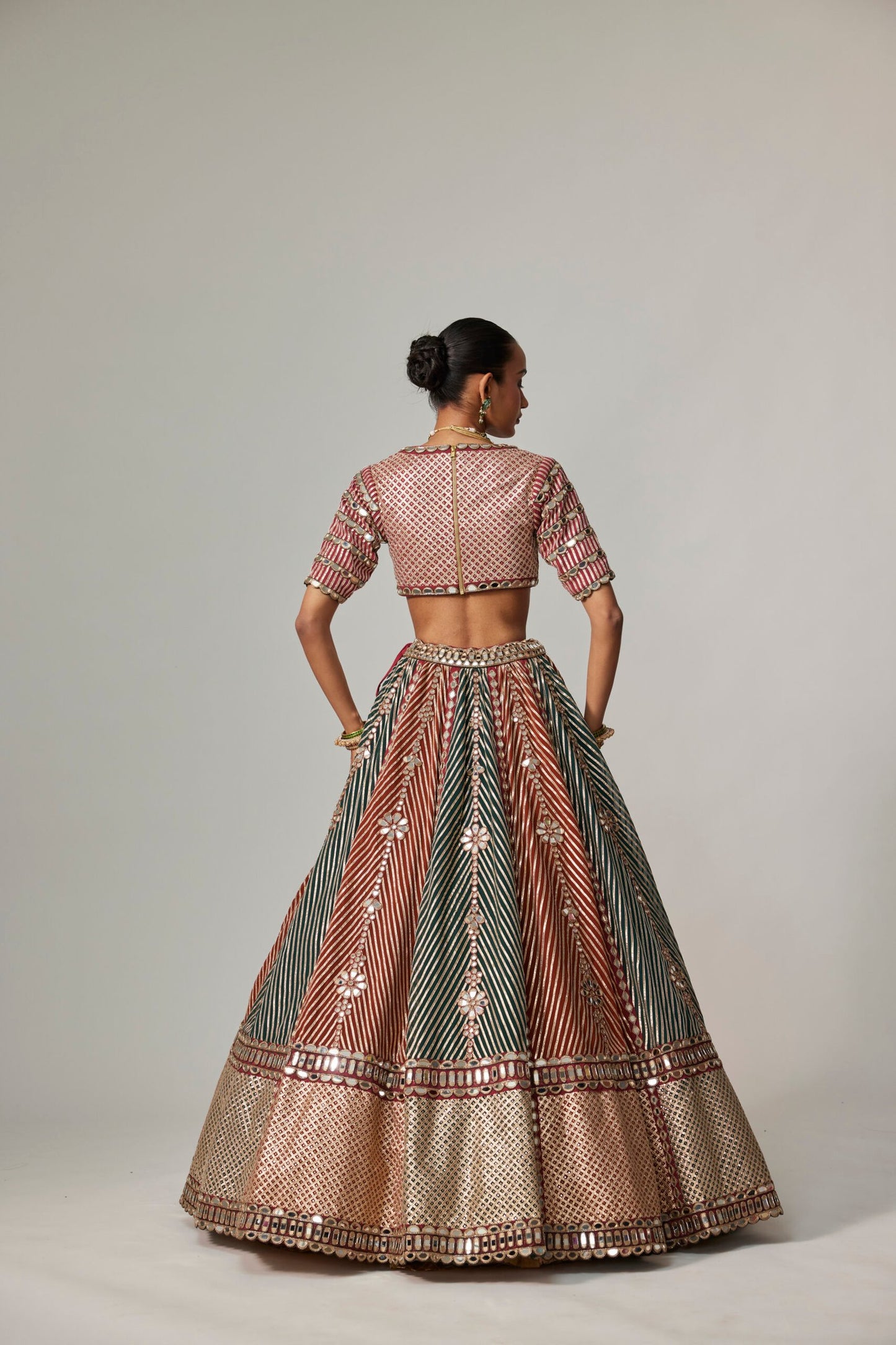 CRANBERRY MULTICOLOR LINEAR FLOWER LEHENGA SET WITH JADE GREEN DUPATTA