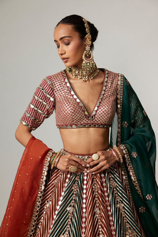 CRANBERRY MULTICOLOR LINEAR FLOWER LEHENGA SET WITH DOUBLE DUPATTA