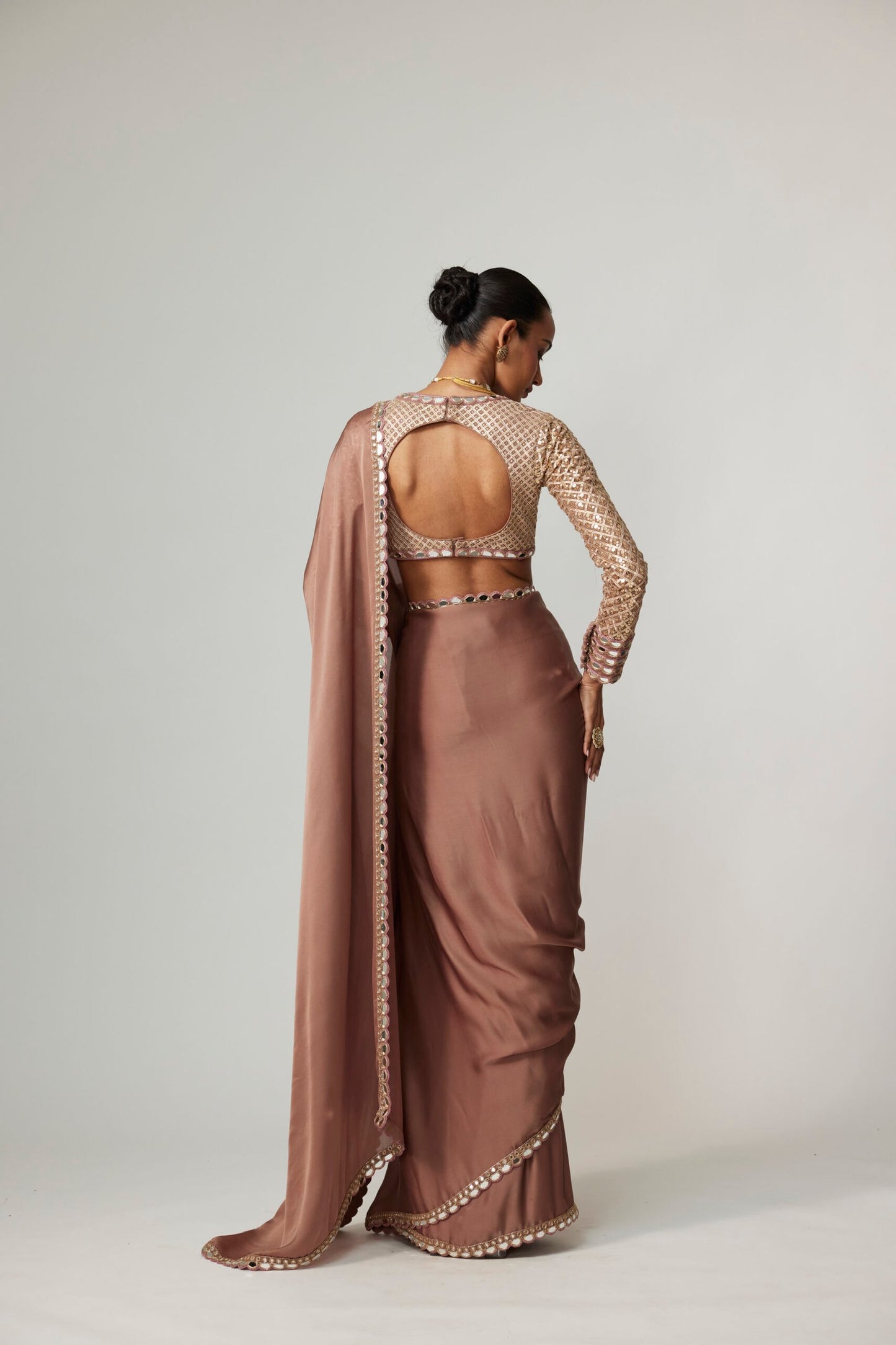 DEEP BEIGE SATIN SAREE SET