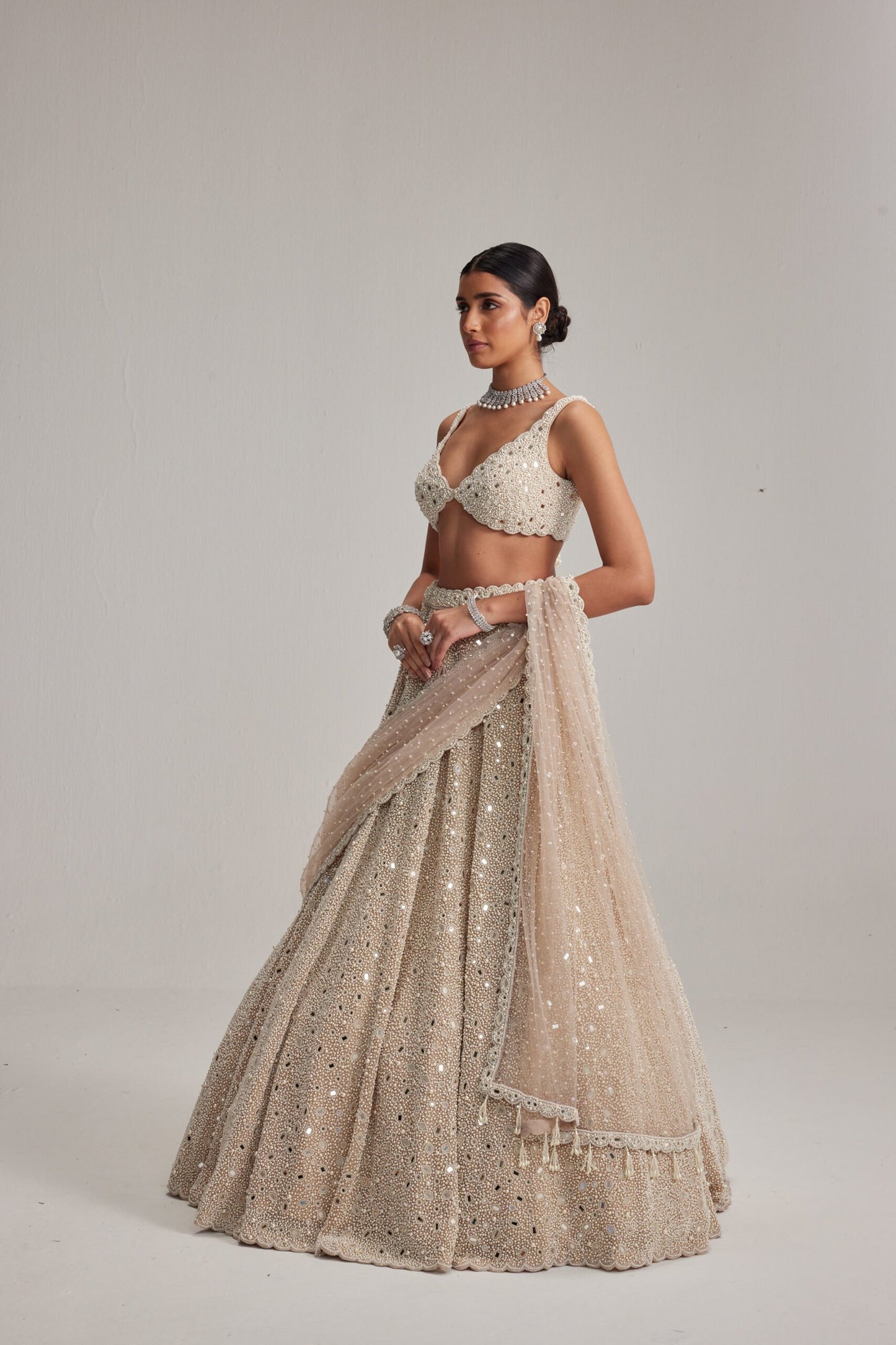 Light Beige Mirror & Pearl Bridal Lehenga Set