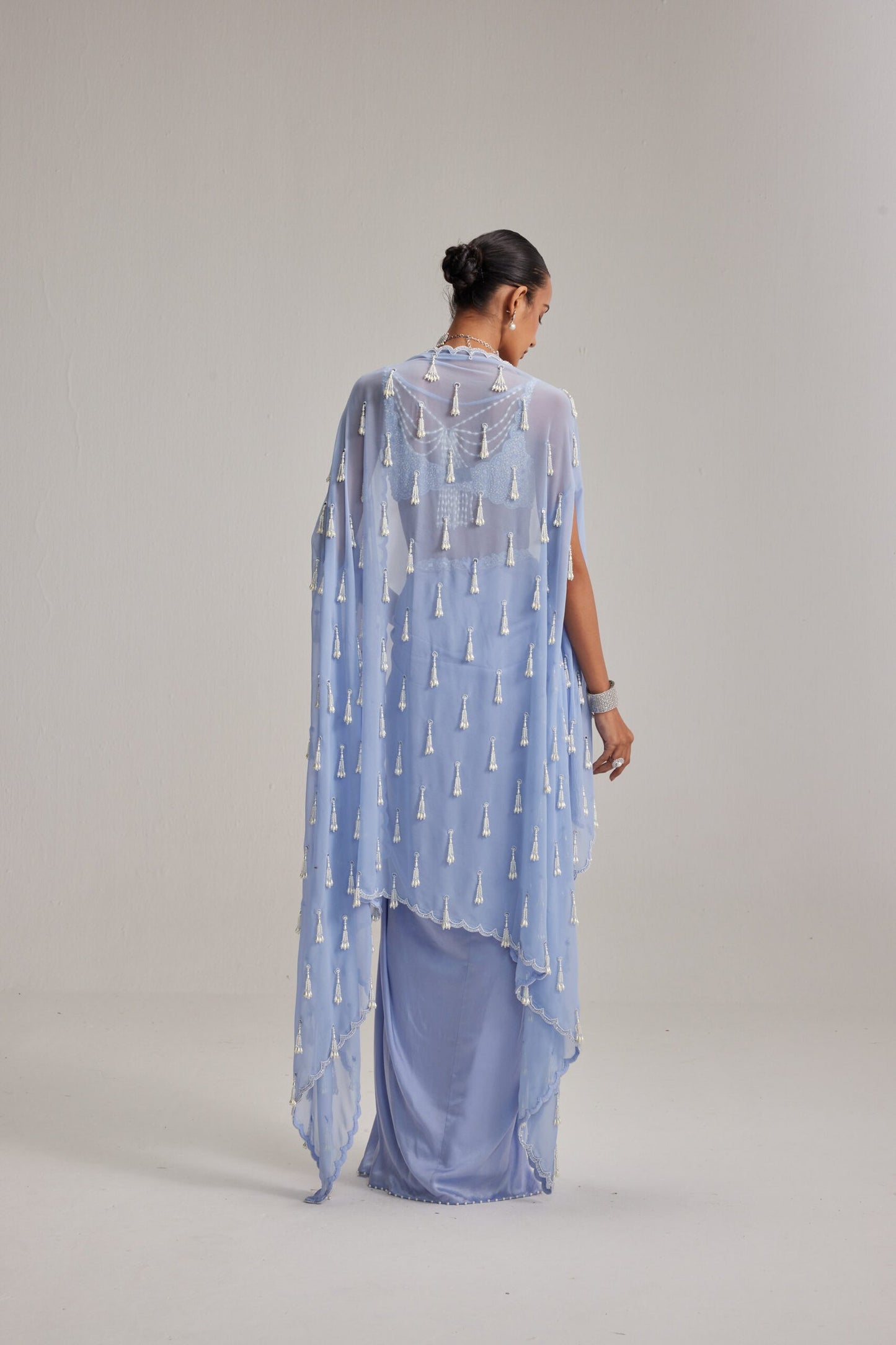 Dew Blue Cape And Satin draped skirt Set